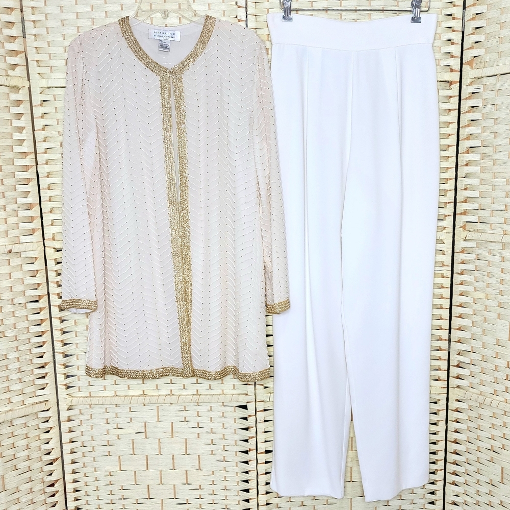 Vintage Niteline By Della Roufogali 100% Silk Beaded Jacket & Pants Med